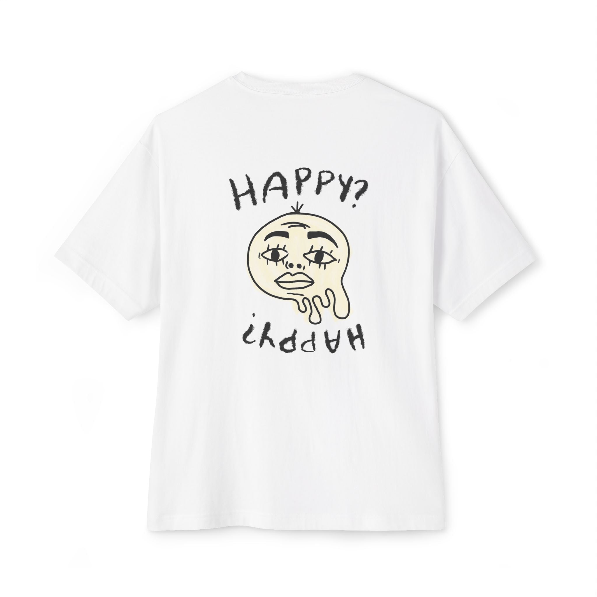 Happiness Graphic Tee — 'HAPPY?' Melting Face Oversized Boxy T-Shirt