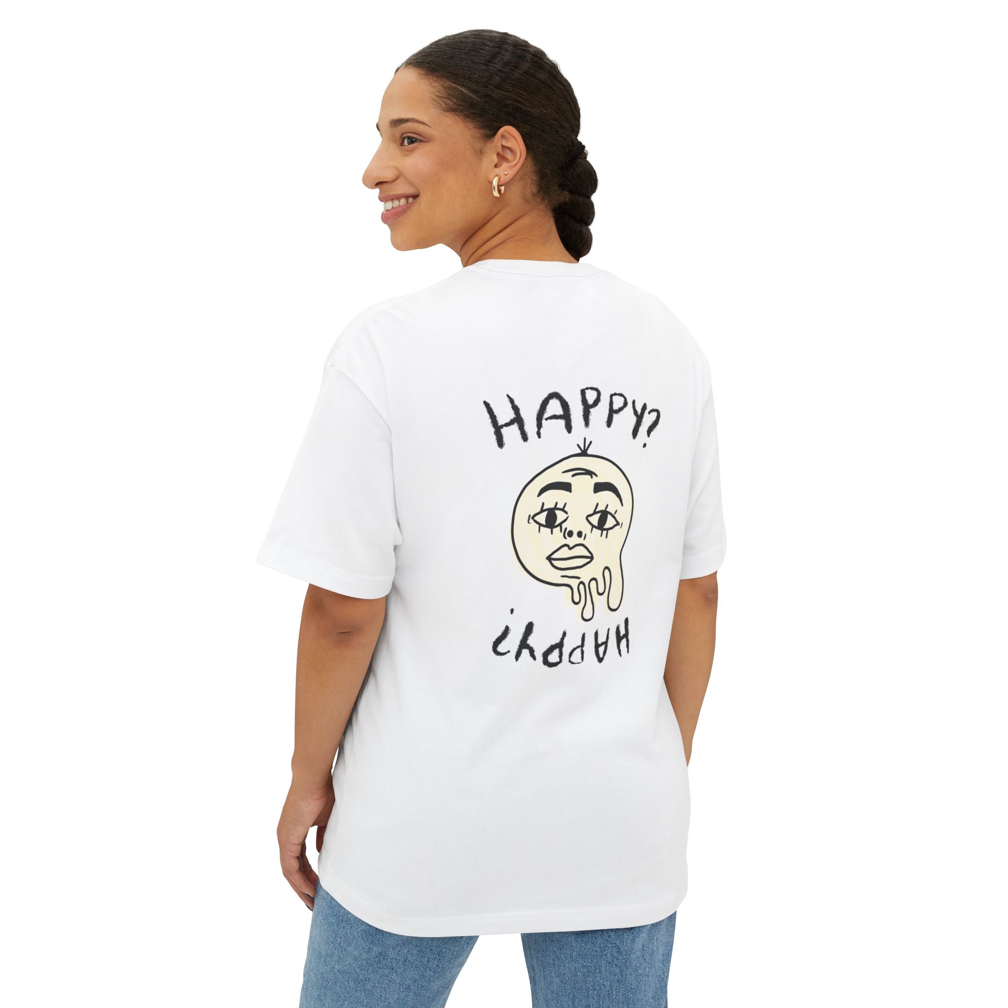 Happiness Graphic Tee — 'HAPPY?' Melting Face Oversized Boxy T-Shirt